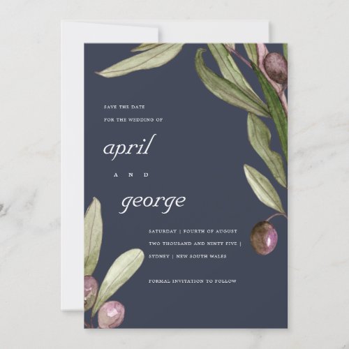 NAVY OLIVE WATERCOLOR FOLIAGE SAVE THE DATE CARD