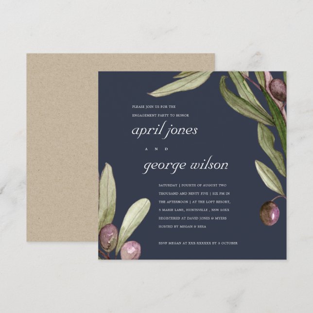 NAVY OLIVE WATERCOLOR PURPLE ENGAGEMENT INVITE (Front/Back)