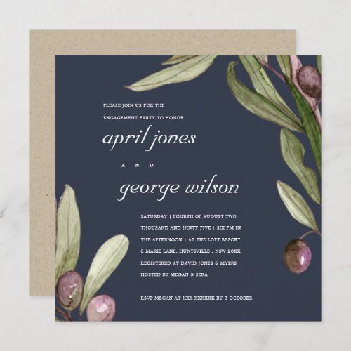 NAVY OLIVE WATERCOLOR PURPLE ENGAGEMENT INVITE