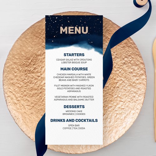 Navy Ombre Sky with Bronze Stars Wedding Menu