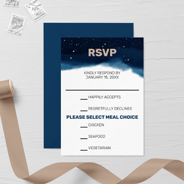 Navy Ombre Sky with Bronze Stars Wedding RSVP Card (Creator Uploaded)