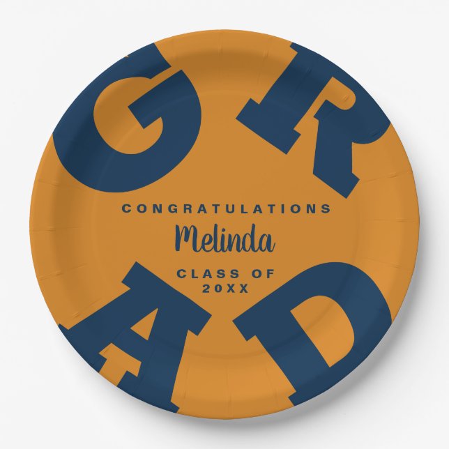 Navy on Orange Custom Graduation Paper Plates (Front)