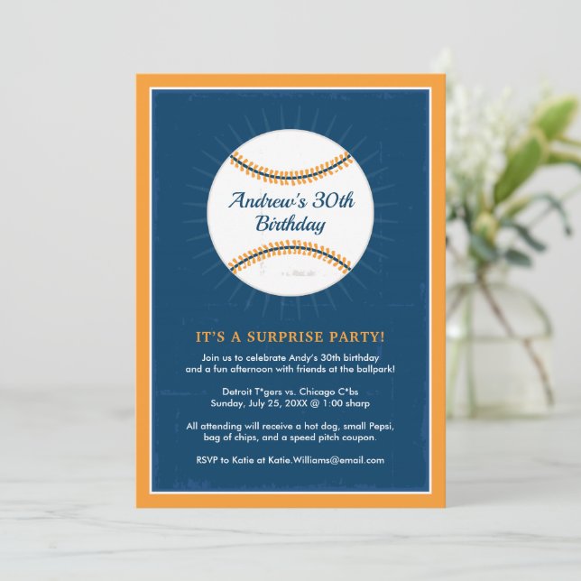 Navy Orange Baseball Birthday Party Invitation (Standing Front)
