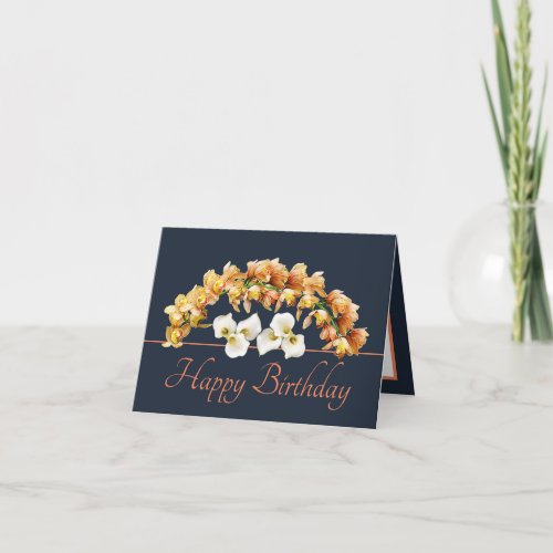 Navy Orange Bouquet Orchids Lilies Happy Birthday Card