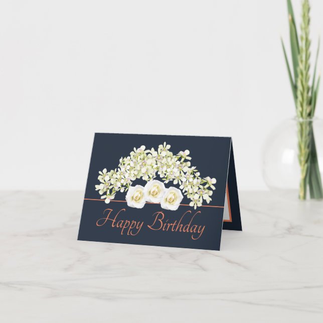 Navy Orange Bouquet Orchids Roses Happy Birthday Card (Front)