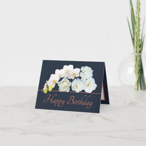Navy Orange Bouquet White Flowers Happy Birthday Card