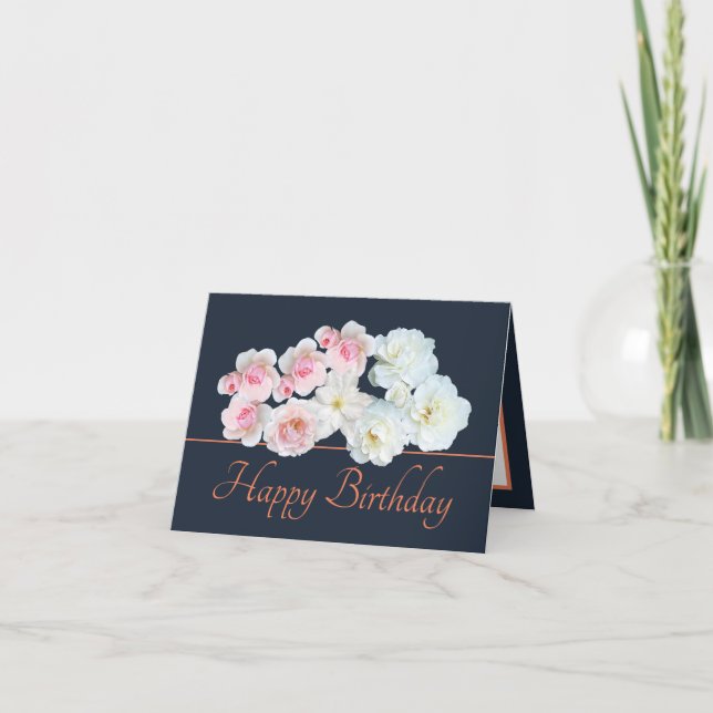 Navy Orange Bouquet White Pink Roses Birthday Card (Front)