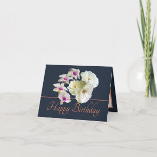 Navy Orange Bouquet White Roses & Orchids Birthday Card