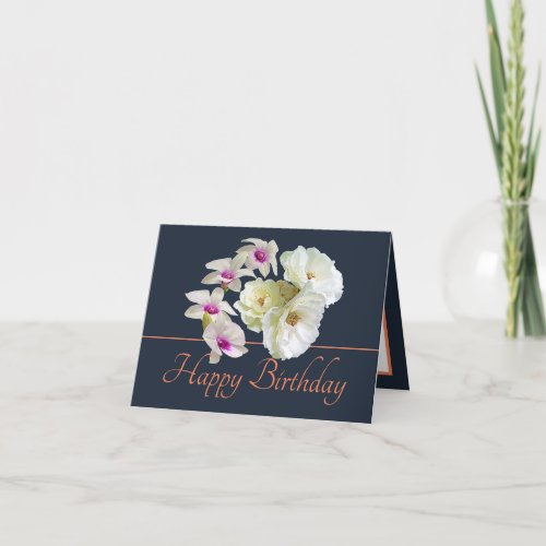 Navy Orange Bouquet White Roses  Orchids Birthday Card