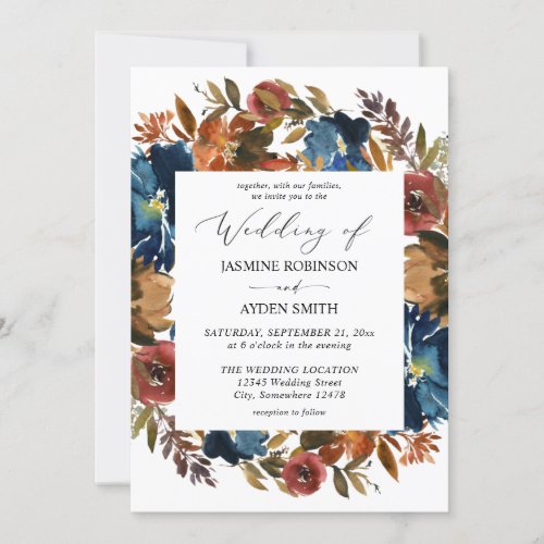 Navy Orange  Brown Fall Floral Wedding Invitation