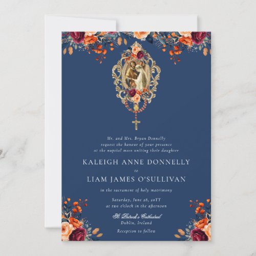 Navy Orange Burgundy Floral Catholic Wedding Invitation