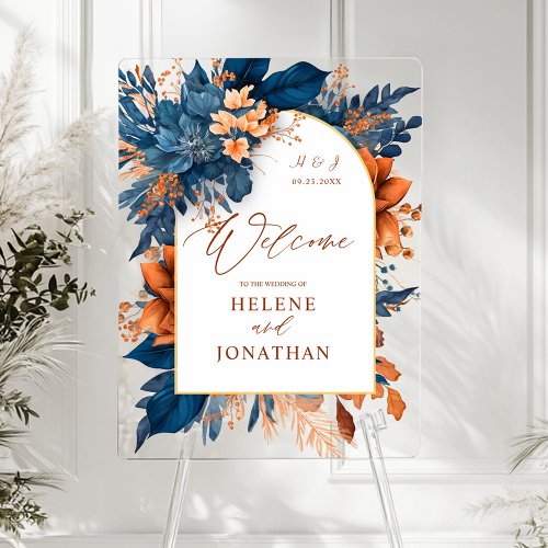 Navy Orange Floral Elegant Wedding Welcome Acrylic Sign