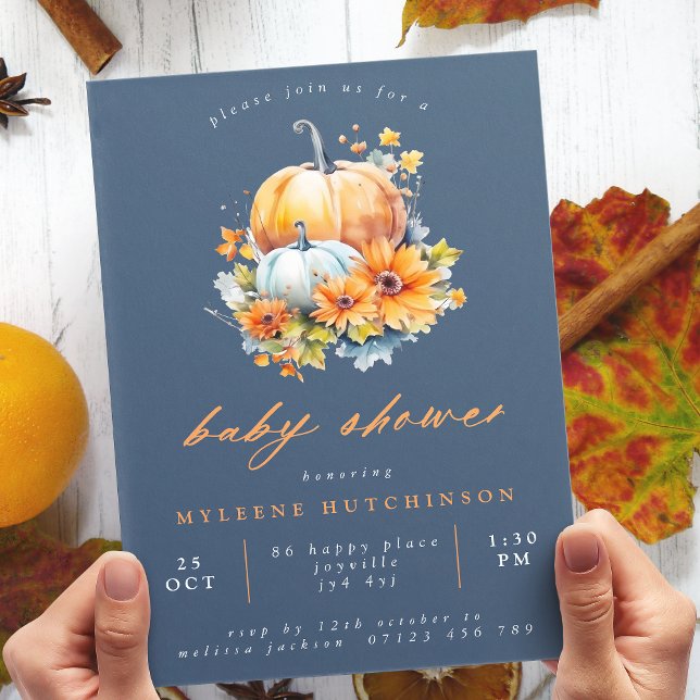 Navy & Orange Floral Pumpkin Baby Shower Invitation (Creator Uploaded)