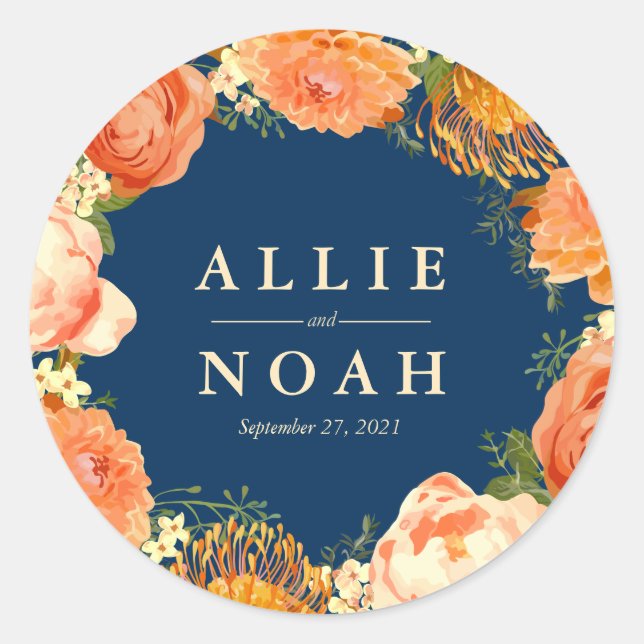 Navy & Orange Floral wedding Classic Round Sticker (Front)