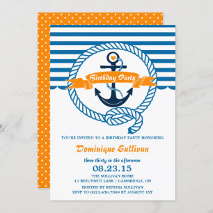 Navy & Orange Nautical Birthday Party Invitation