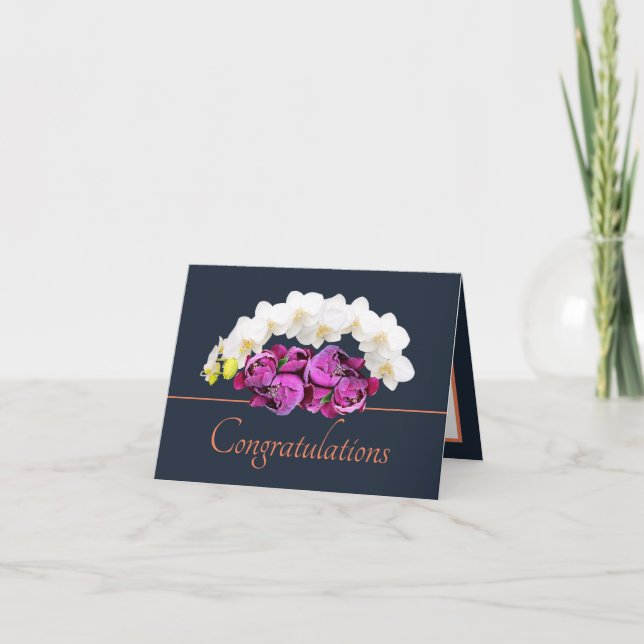 Navy Orange Orchid/Peony Bouquet Congratulations Card (Front)