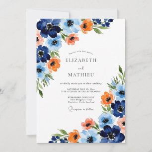 Navy Orange Painterly Bloom Wedding Invitation