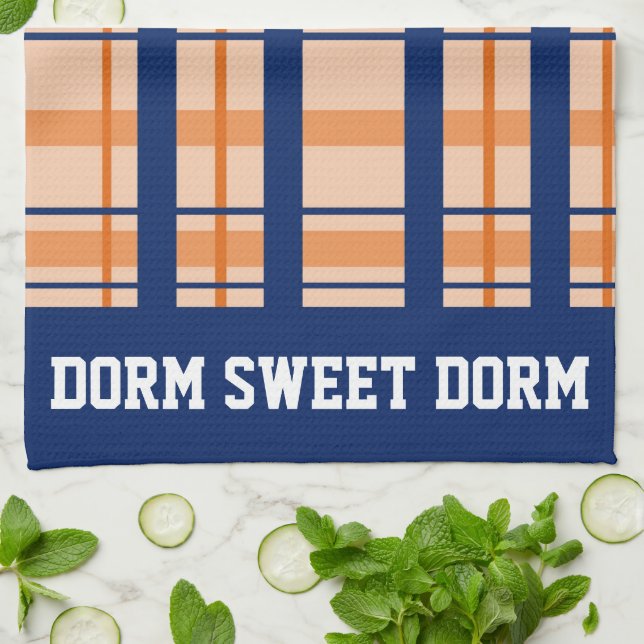 Navy Orange Plaid College Team Cool Dorm School Kitchen Towel (Folded)