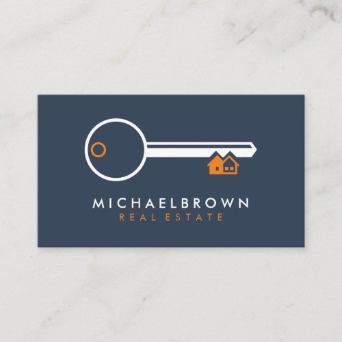 Navy Orange Rent House Key Real Estate Business Card