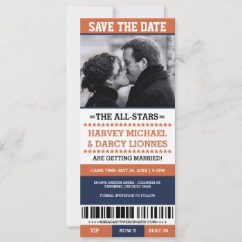 Navy & Orange Sports Ticket Save The Date by RenImasa at Zazzle