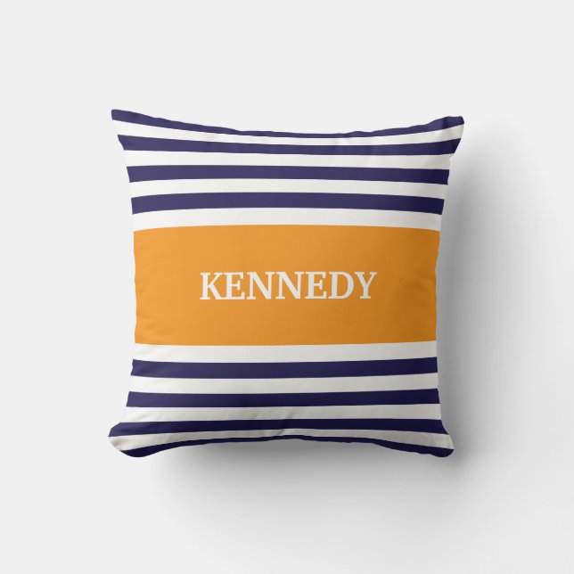 Navy Orange Stripes Monogram Throw Pillow (Front)