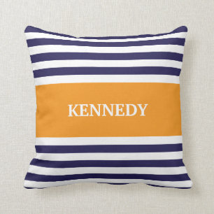 Navy Orange Stripes Monogram Throw Pillow