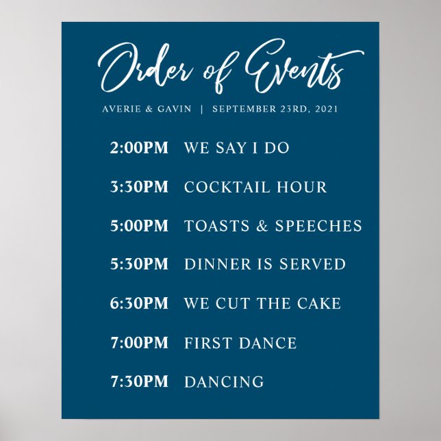 Navy Order of Events Wedding Day Schedule Poster (Front)