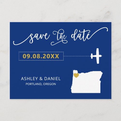 Navy Oregon Wedding Save the Date Map Postcard