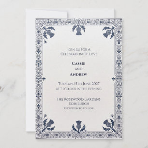 Navy Ornate Celtic Thistle Scottish Wedding Invitation