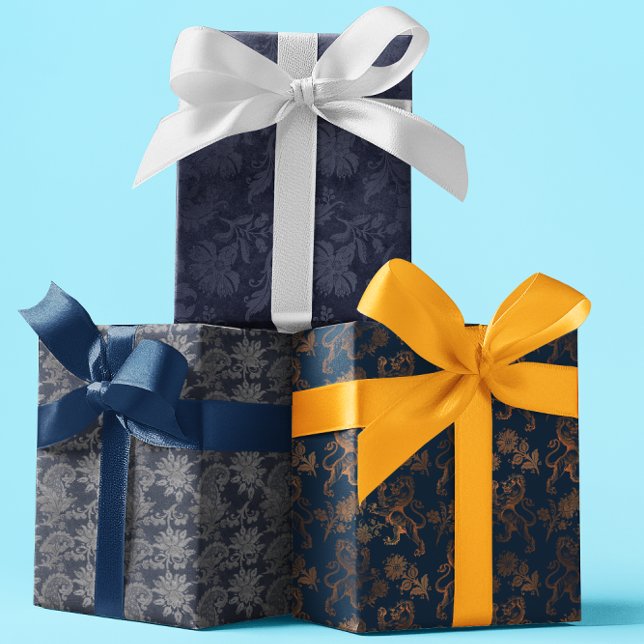 Navy Ornate Damask Blue Pattern Wrapping Paper Sheets (Creator Uploaded)