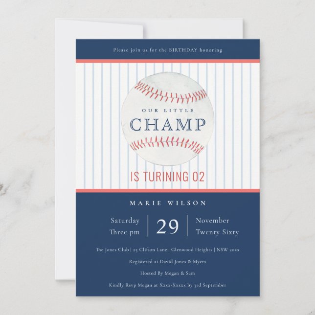 Navy Our Little Champ Baseball Any Age Birthday Invitation (Front)