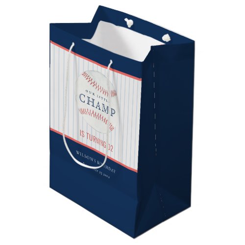 Navy Our Little Champ Baseball Any Age Birthday Medium Gift Bag