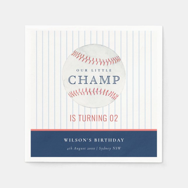 Navy Our Little Champ Baseball Any Age Birthday Napkins (Front)