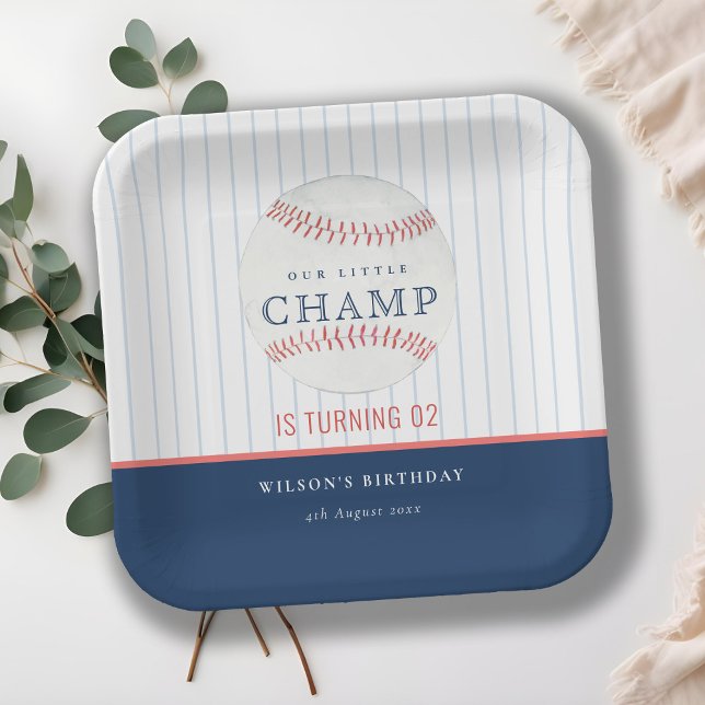 Navy Our Little Champ Baseball Any Age Birthday Paper Plates (Creator Uploaded)