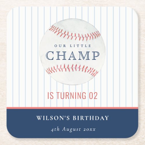 Navy Our Little Champ Baseball Any Age Birthday Square Paper Coaster