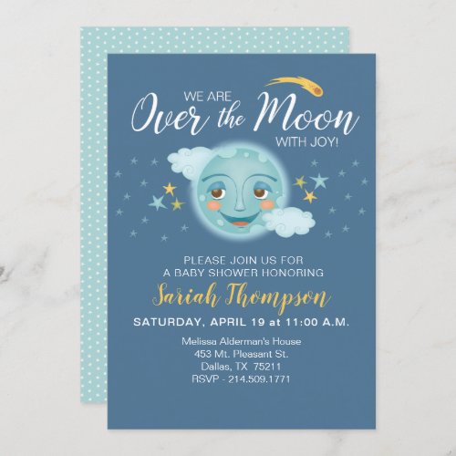 Navy Over the Moon Boy Baby Shower Invitation