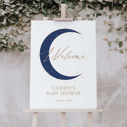 Navy Over the Moon Boy Baby Shower Welcome Sign