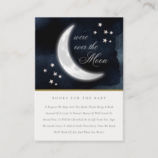Navy Over the Moon Stars Books For Baby Shower Enclosure Card (Front)