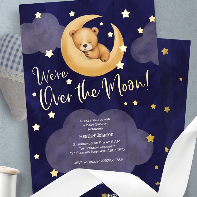 Navy Over the Moon Teddy Bear Twinkle Little Stars Foil Invitation (Over the moon, Teddy Bear Themed Baby Boy shower Gold Foil Invitation.)