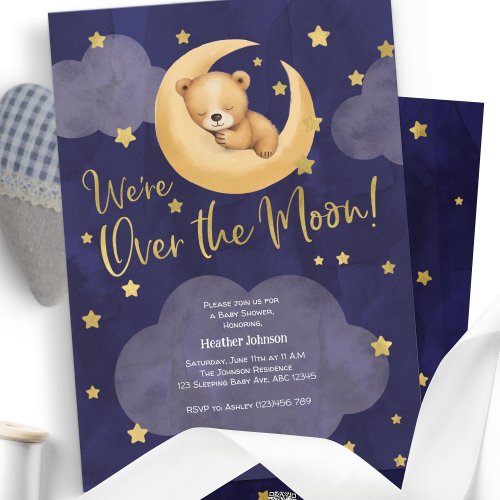 Navy Over the Moon Teddy Bear Twinkle Little Stars Invitation