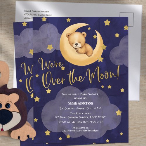 Navy Over the Moon Teddy Bear Twinkle Little Stars Invitation Postcard