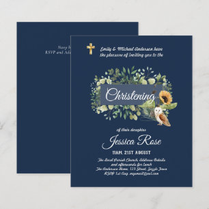 Navy Owl Sunflowers Christening Invites Baptism 