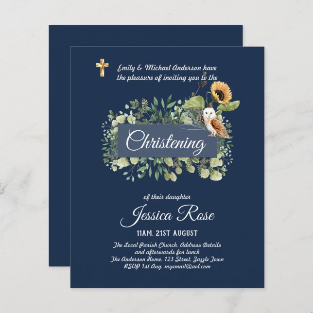 Navy Owl Sunflowers Christening Invites Baptism  (Front/Back)