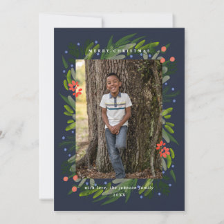 Navy Painted Greenery Frame Photo Holiday Card