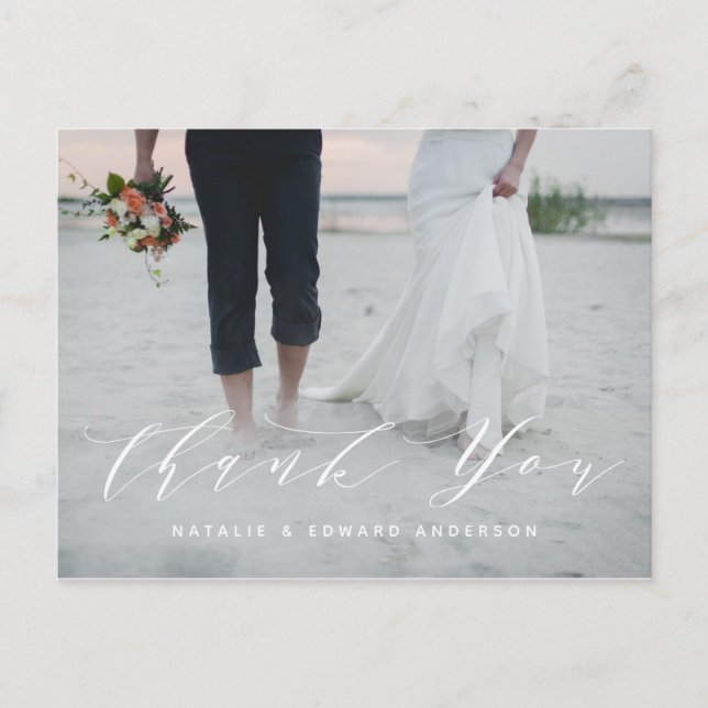 Navy painted + script photo thank you postcard (Front)