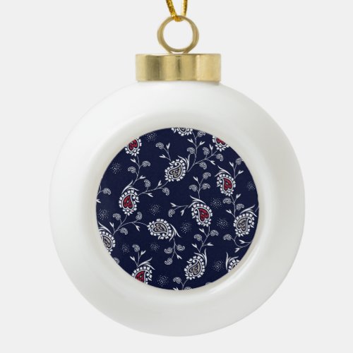 Navy Paisley Elegant Pattern Design Ceramic Ball Christmas Ornament