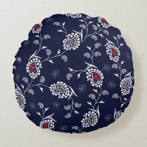 Navy Paisley Elegant Pattern Design Round Pillow