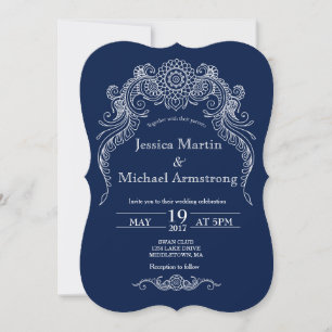 Navy paisley scroll design wedding invitation card