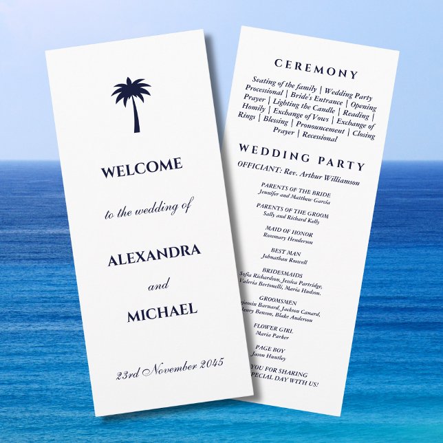 Navy Palm Tree Minimalist Coastal Wedding Program (Creator Uploaded)