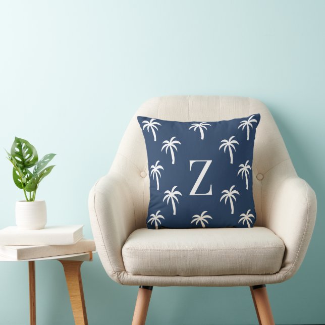 Navy Palm Tree Monogram Pillow Personalized Preppy (Chair)